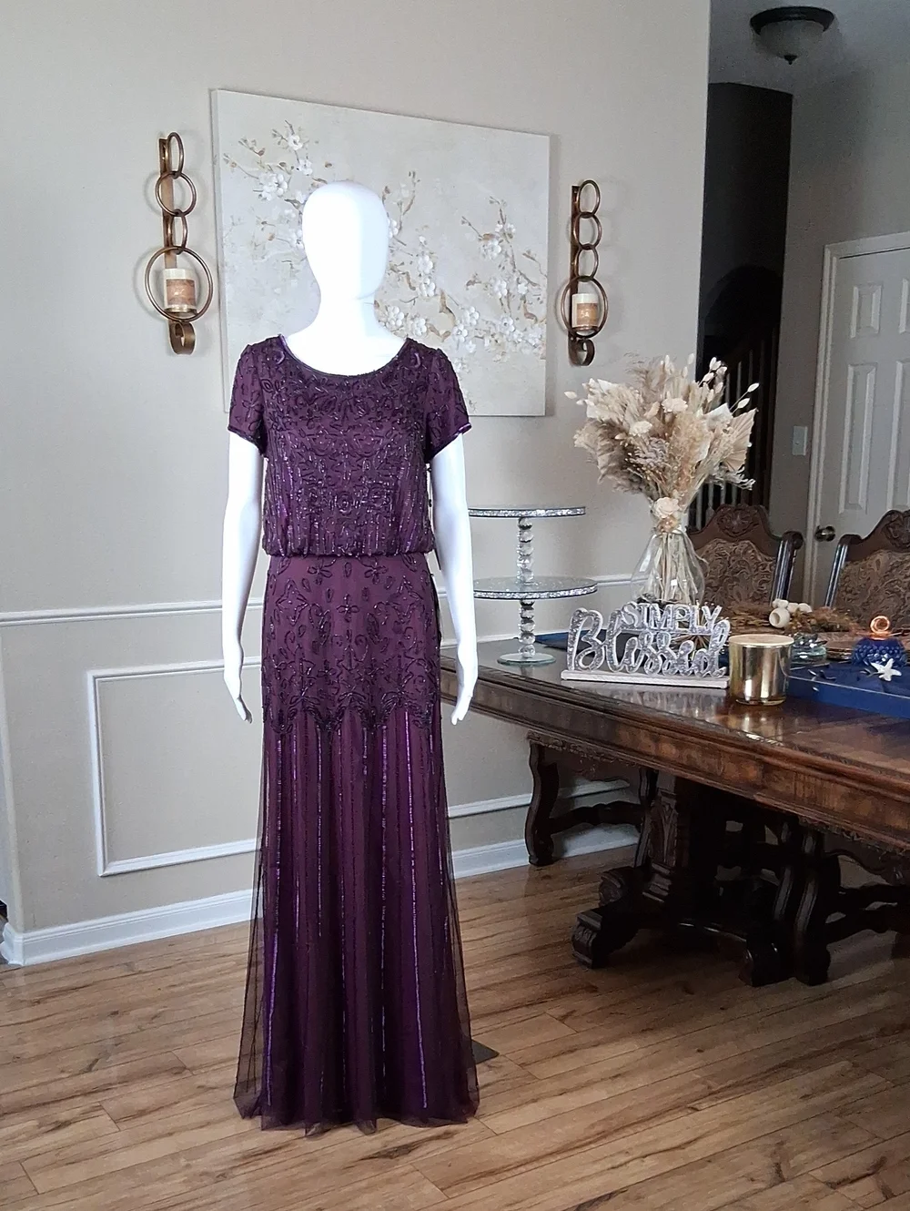 New Adrianna Papell Evening Beaded Dress Plum Floor-Length Short Sleeves Small - Picture 8 of 16